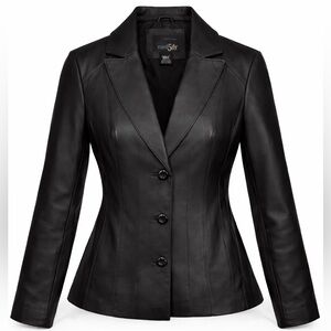 East 5th Women Black Genuine Leather Blazer Jacket Tailored Classic Button Small